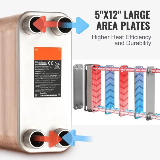 Alt view image 3 of 6 - Brazed Plate Heat Exchanger, EATB28-100 5"x12" 100 Plates, Copper 316L Stainless Steel for Floor Heating Water Heating Snow Melting Beer Cooling