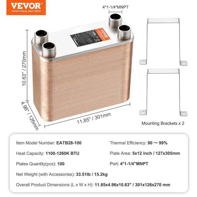Alt view image 6 of 6 - Brazed Plate Heat Exchanger, EATB28-100 5"x12" 100 Plates, Copper 316L Stainless Steel for Floor Heating Water Heating Snow Melting Beer Cooling