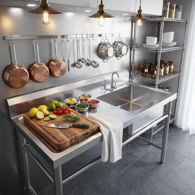 Alt view image 2 of 6 - 304 Stainless Steel Prep & Utility Sink 24"D x 47"W x 35"H | Stainless Commercial Sink, Stainless Steel Outdoor Utility Sink, Fish Cleaning Table with Sink
