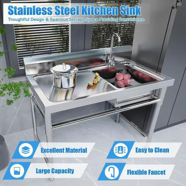 Alt view image 3 of 6 - 304 Stainless Steel Prep & Utility Sink 24"D x 47"W x 35"H | Stainless Commercial Sink, Stainless Steel Outdoor Utility Sink, Fish Cleaning Table with Sink