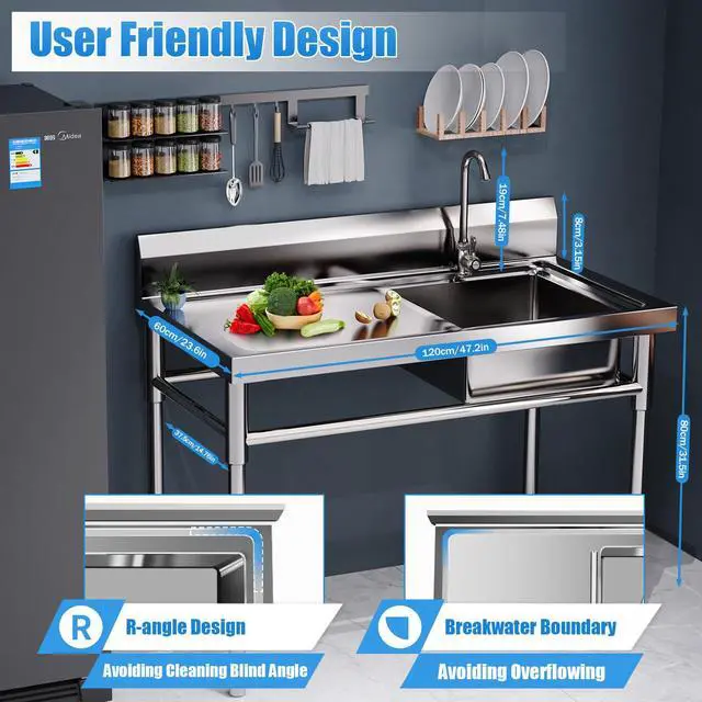 Alt view image 4 of 6 - 304 Stainless Steel Prep & Utility Sink 24"D x 47"W x 35"H | Stainless Commercial Sink, Stainless Steel Outdoor Utility Sink, Fish Cleaning Table with Sink