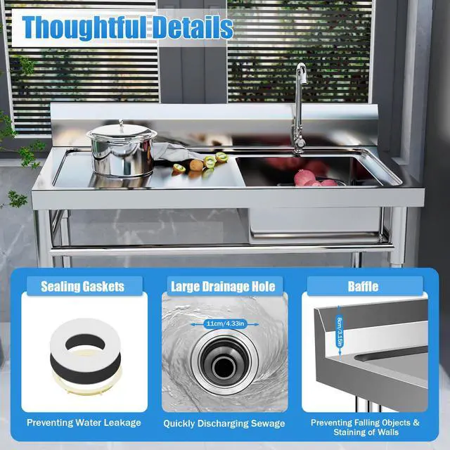 Alt view image 5 of 6 - 304 Stainless Steel Prep & Utility Sink 24"D x 47"W x 35"H | Stainless Commercial Sink, Stainless Steel Outdoor Utility Sink, Fish Cleaning Table with Sink