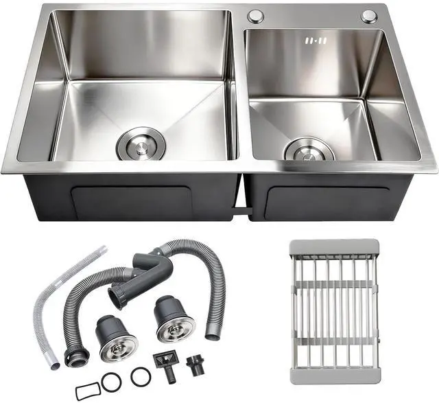 Main image of 32" x 18" Drop-in/Topmount Double Bowl Kitchen Sink, Nano-Coated 304 Stainless Steel Kitchen Sink with Drain and Overflow