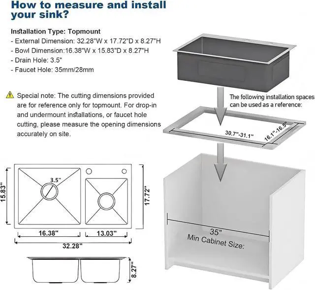 Alt view image 2 of 6 - 32" x 18" Drop-in/Topmount Double Bowl Kitchen Sink, Nano-Coated 304 Stainless Steel Kitchen Sink with Drain and Overflow
