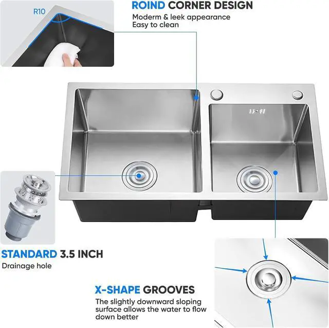 Alt view image 5 of 6 - 32" x 18" Drop-in/Topmount Double Bowl Kitchen Sink, Nano-Coated 304 Stainless Steel Kitchen Sink with Drain and Overflow