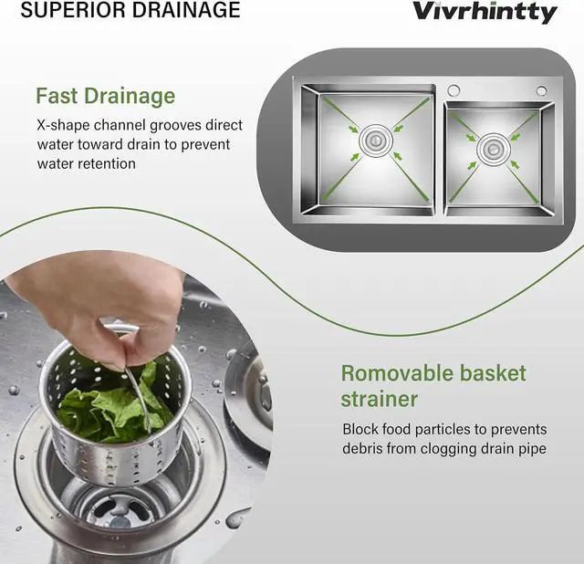 Alt view image 6 of 6 - 32" x 18" Drop-in/Topmount Double Bowl Kitchen Sink, Nano-Coated 304 Stainless Steel Kitchen Sink with Drain and Overflow