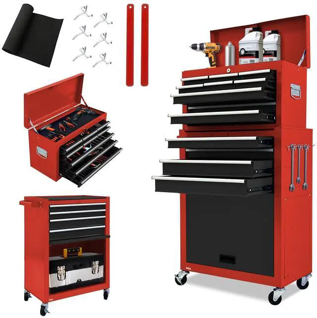 Main image of 13-Drawer Tool Chest with Wheels, 2 in 1 Detachable Rolling Toolbox with Drawers, Large Tool Box with Lock, Mobile Steel Tool Cabinet Storage for Warehouse, Garage (Red&Black)