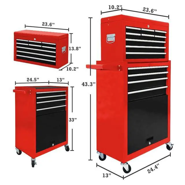 Alt view image 2 of 6 - 13-Drawer Tool Chest with Wheels, 2 in 1 Detachable Rolling Toolbox with Drawers, Large Tool Box with Lock, Mobile Steel Tool Cabinet Storage for Warehouse, Garage (Red&Black)