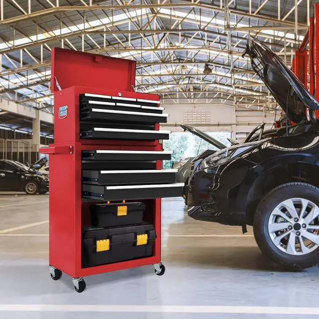 Alt view image 3 of 6 - 13-Drawer Tool Chest with Wheels, 2 in 1 Detachable Rolling Toolbox with Drawers, Large Tool Box with Lock, Mobile Steel Tool Cabinet Storage for Warehouse, Garage (Red&Black)