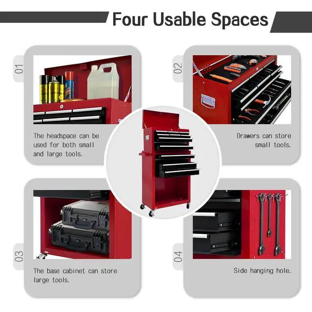Alt view image 4 of 6 - 13-Drawer Tool Chest with Wheels, 2 in 1 Detachable Rolling Toolbox with Drawers, Large Tool Box with Lock, Mobile Steel Tool Cabinet Storage for Warehouse, Garage (Red&Black)