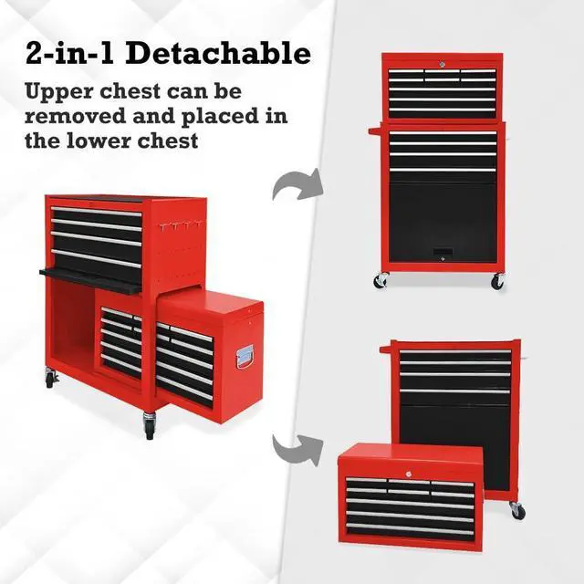Alt view image 6 of 6 - 13-Drawer Tool Chest with Wheels, 2 in 1 Detachable Rolling Toolbox with Drawers, Large Tool Box with Lock, Mobile Steel Tool Cabinet Storage for Warehouse, Garage (Red&Black)