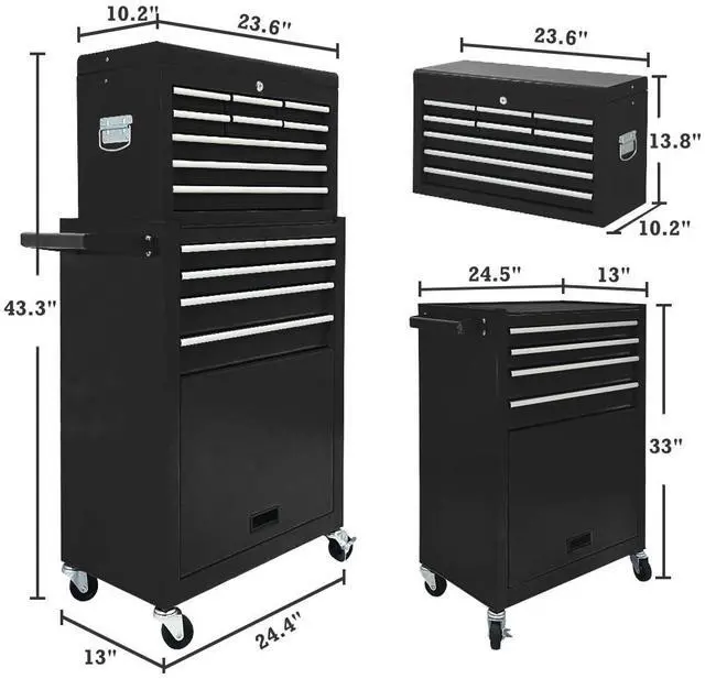 Alt view image 3 of 6 - 13-Drawer Tool Chest with Wheels, 2 in 1 Detachable Rolling Toolbox with Drawers, Large Tool Box with Lock, Mobile Steel Tool Cabinet Storage for Warehouse, Garage (Black)