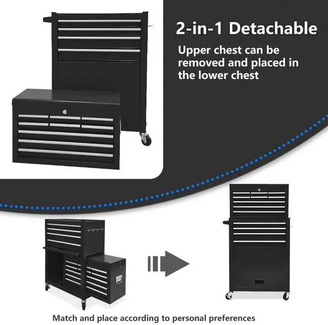 Alt view image 4 of 6 - 13-Drawer Tool Chest with Wheels, 2 in 1 Detachable Rolling Toolbox with Drawers, Large Tool Box with Lock, Mobile Steel Tool Cabinet Storage for Warehouse, Garage (Black)