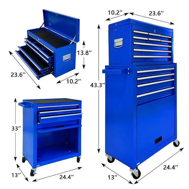 Alt view image 3 of 6 - 13-Drawer Tool Chest with Wheels,2 in 1 Detachable Rolling Tool Box with Drawers,Large Toolbox with Lock,Mobile Steel Tool Cabinet Storage for Warehouse,Garage-Blue