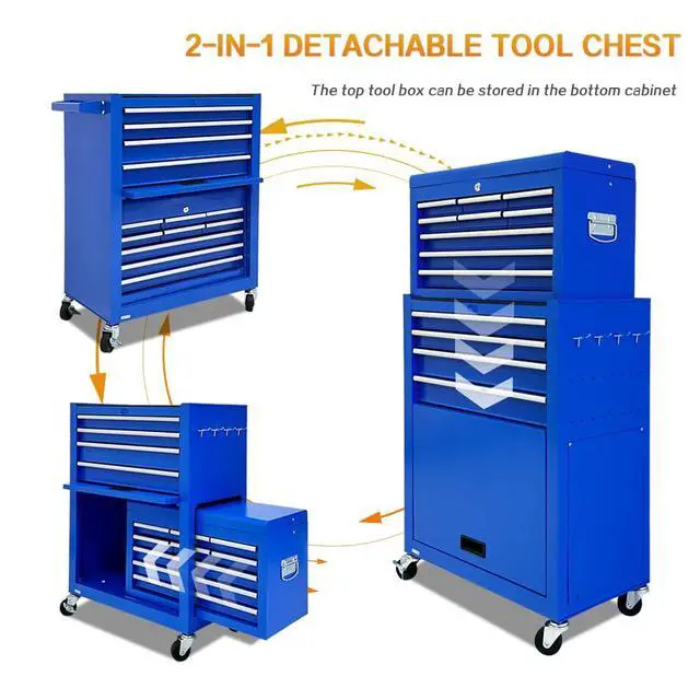 Alt view image 4 of 6 - 13-Drawer Tool Chest with Wheels,2 in 1 Detachable Rolling Tool Box with Drawers,Large Toolbox with Lock,Mobile Steel Tool Cabinet Storage for Warehouse,Garage-Blue
