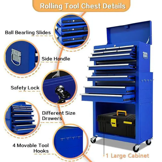 Alt view image 5 of 6 - 13-Drawer Tool Chest with Wheels,2 in 1 Detachable Rolling Tool Box with Drawers,Large Toolbox with Lock,Mobile Steel Tool Cabinet Storage for Warehouse,Garage-Blue