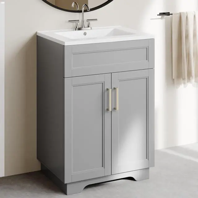 Main image of Bathroom Vanity with Ceramic Sink, Wooden Double Door Bathroom Storage Vanity with 24 Inch, Small Quick Assembly Cabinet with Sink, White (Grey)