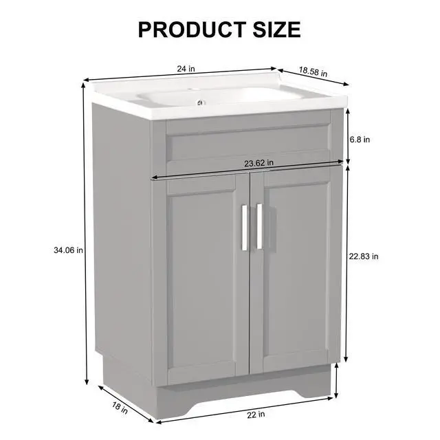 Alt view image 2 of 5 - Bathroom Vanity with Ceramic Sink, Wooden Double Door Bathroom Storage Vanity with 24 Inch, Small Quick Assembly Cabinet with Sink, White (Grey)
