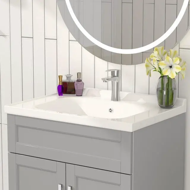 Alt view image 3 of 5 - Bathroom Vanity with Ceramic Sink, Wooden Double Door Bathroom Storage Vanity with 24 Inch, Small Quick Assembly Cabinet with Sink, White (Grey)