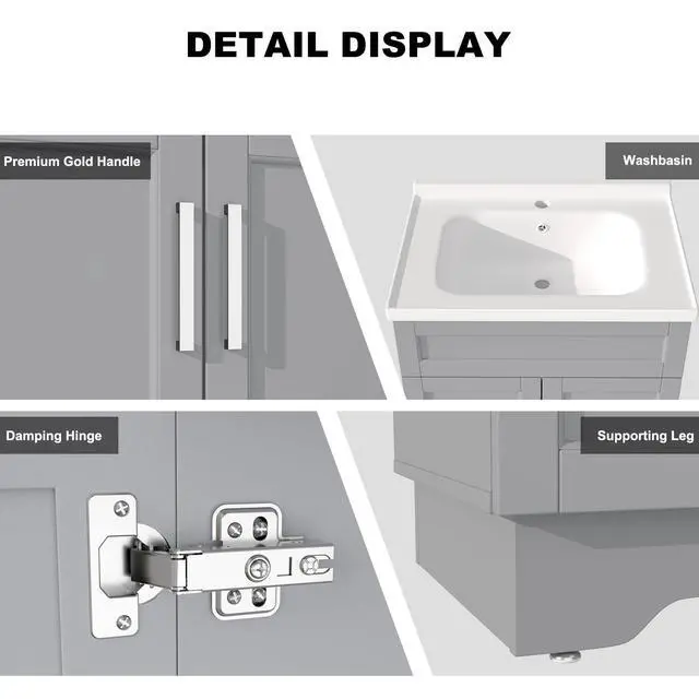 Alt view image 4 of 5 - Bathroom Vanity with Ceramic Sink, Wooden Double Door Bathroom Storage Vanity with 24 Inch, Small Quick Assembly Cabinet with Sink, White (Grey)
