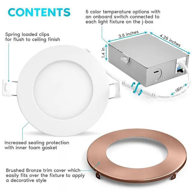 Alt view image 3 of 6 - 4 Inch Ultra Thin LED Recessed Light with J-Box, 10W, 5 Color Options 2700K | 3000K | 3500K | 4000K | 5000K, Dimmable Wafer Lights, 750 Lumens, Copper Trim, Energy Star, IC Rated (4 Pack)