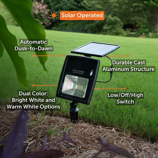 Alt view image 6 of 6 - Dual Color Solar Flood Light, Outdoor Black Cast Aluminum, Stake or Flat Mount Uplight for Trees, House, Landscaping, Walls with Detachable Solar Panel 2-Pack 203iP250090