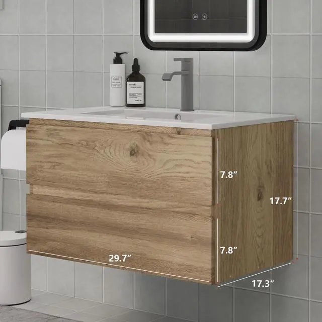 Alt view image 2 of 6 - Floating Bathroom Vanity with Sink and 2 Soft-Close Drawers Moisture-Resistant MDF, Space-Saving Design for Modern Bathrooms (Nature with Sink, 30)