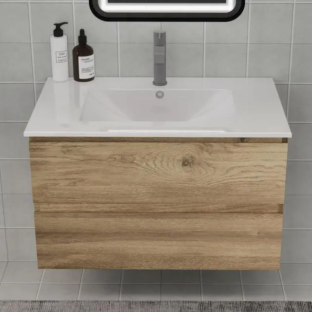 Alt view image 3 of 6 - Floating Bathroom Vanity with Sink and 2 Soft-Close Drawers Moisture-Resistant MDF, Space-Saving Design for Modern Bathrooms (Nature with Sink, 30)