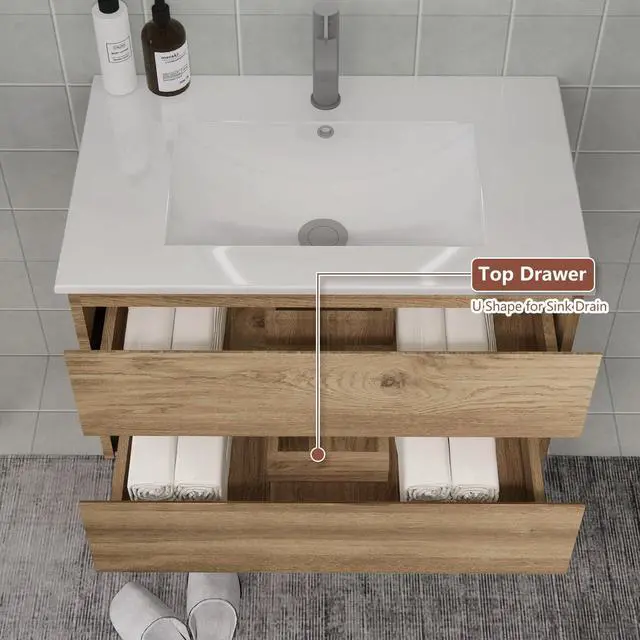 Alt view image 4 of 6 - Floating Bathroom Vanity with Sink and 2 Soft-Close Drawers Moisture-Resistant MDF, Space-Saving Design for Modern Bathrooms (Nature with Sink, 30)