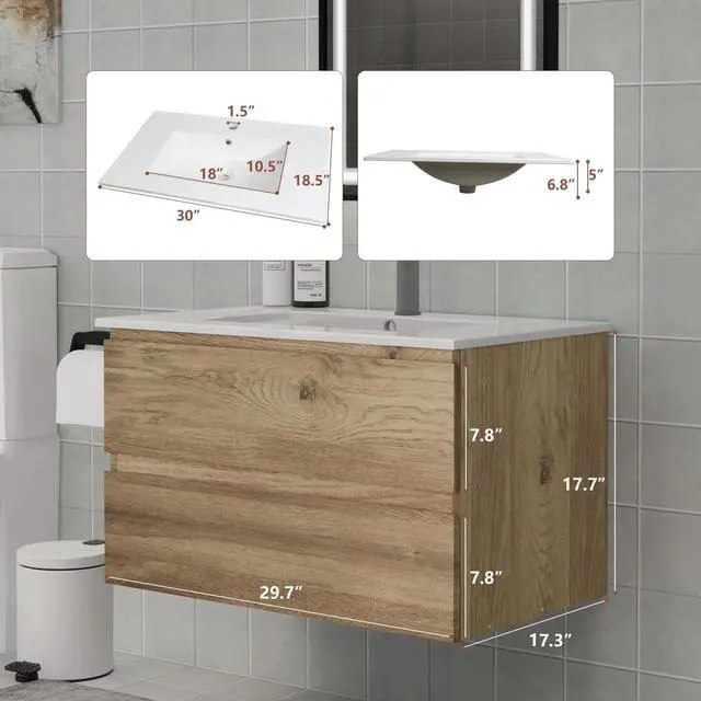 Alt view image 6 of 6 - Floating Bathroom Vanity with Sink and 2 Soft-Close Drawers Moisture-Resistant MDF, Space-Saving Design for Modern Bathrooms (Nature with Sink, 30)