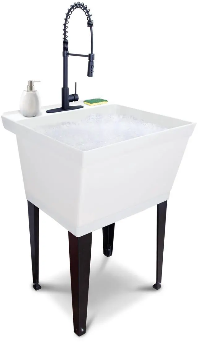 Main image of Utility Sink Extra-Deep Laundry Tub in White with High-Arc Coil Pull-Down Sprayer Faucet in Matte Black, Integrated Supply Lines, P-Trap Kit, Heavy Duty Floor Mounted Freestanding Wash Station