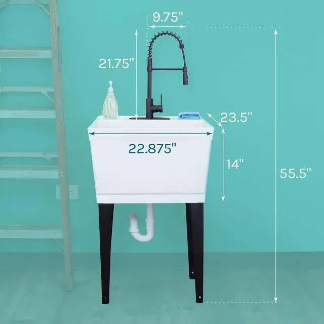 Alt view image 2 of 6 - Utility Sink Extra-Deep Laundry Tub in White with High-Arc Coil Pull-Down Sprayer Faucet in Matte Black, Integrated Supply Lines, P-Trap Kit, Heavy Duty Floor Mounted Freestanding Wash Station