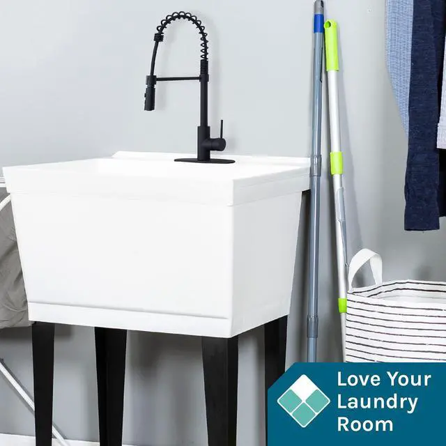 Alt view image 3 of 6 - Utility Sink Extra-Deep Laundry Tub in White with High-Arc Coil Pull-Down Sprayer Faucet in Matte Black, Integrated Supply Lines, P-Trap Kit, Heavy Duty Floor Mounted Freestanding Wash Station