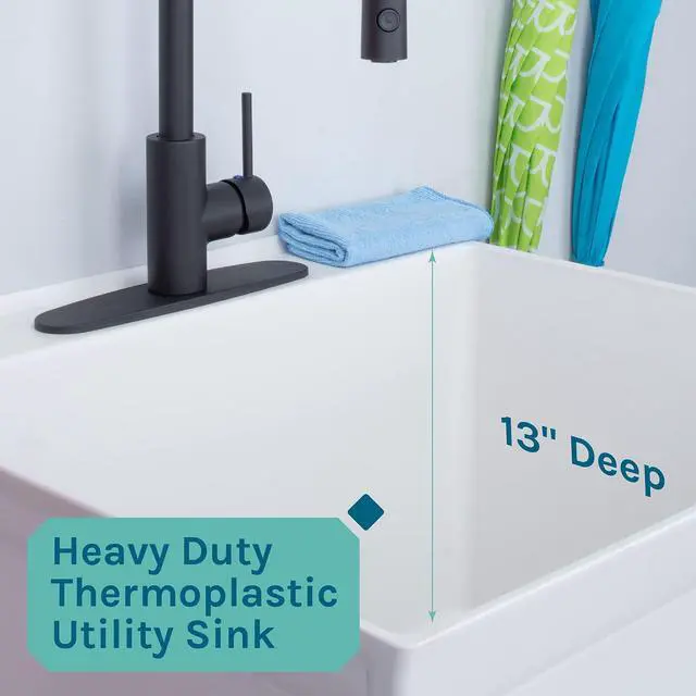 Alt view image 6 of 6 - Utility Sink Extra-Deep Laundry Tub in White with High-Arc Coil Pull-Down Sprayer Faucet in Matte Black, Integrated Supply Lines, P-Trap Kit, Heavy Duty Floor Mounted Freestanding Wash Station