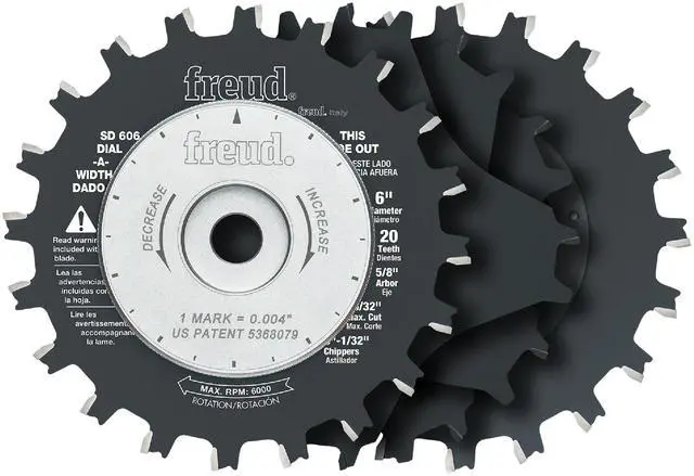 Main image of 6" Dial-A-Width Stacked Dado Set with Tico Hi-Density Carbide for Precise Flat Bottom Grooves - Includes 2 Blades, 5 Chippers, Wrench & Carrying Case - SD606