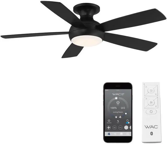 Main image of F-035L-MB Odyssey Indoor or Outdoor Flushmount Smart Compatible Ceiling Fan with Remote Control 52in Blade Span Matte Black 3000K Warm White LED
