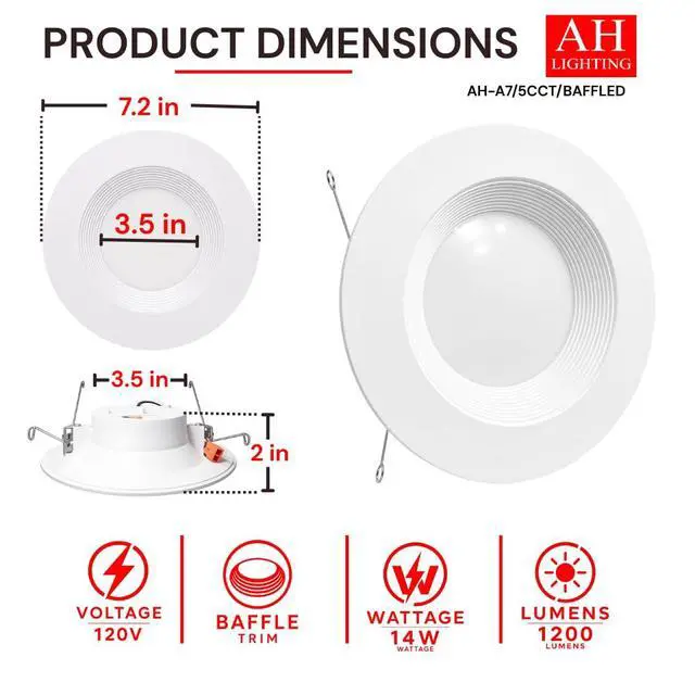 Alt view image 4 of 6 - High Performance LED Light, A7/5 CCT Dimmable, Baffle Design, 5/6" Downlight, 14 Watt, 1200 Lumens, 5 Color Temperature Adjusment, Easy to Install, ES Qualified, UL Listed (24)