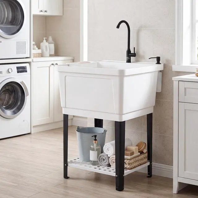 Alt view image 2 of 6 - Freestanding Utility Sink with Faucet & Drain Kit, 23.2 Gal Laundry Tub with Soap Dispenser, Drying Rack & Storage Shelf, Portable Wash Station for Laundry Room, Garage, Basement, Outdoor