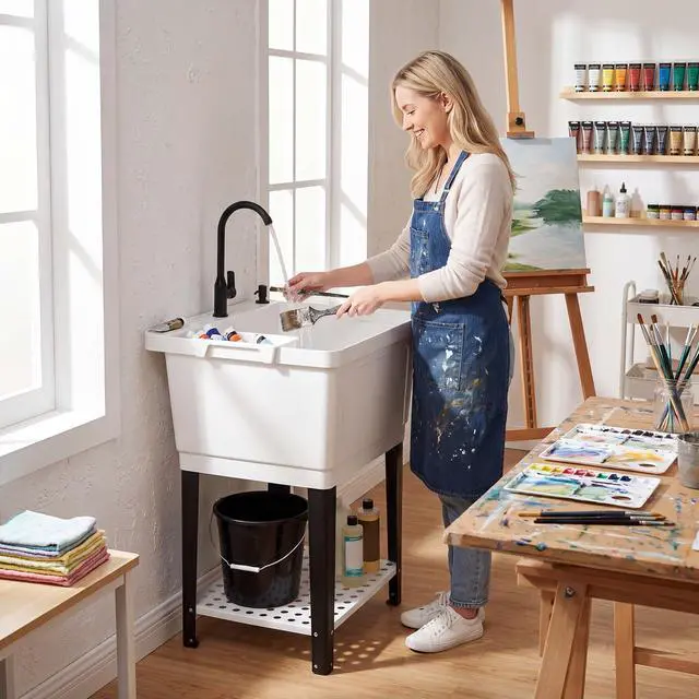 Alt view image 3 of 6 - Freestanding Utility Sink with Faucet & Drain Kit, 23.2 Gal Laundry Tub with Soap Dispenser, Drying Rack & Storage Shelf, Portable Wash Station for Laundry Room, Garage, Basement, Outdoor
