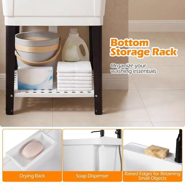 Alt view image 5 of 6 - Freestanding Utility Sink with Faucet & Drain Kit, 23.2 Gal Laundry Tub with Soap Dispenser, Drying Rack & Storage Shelf, Portable Wash Station for Laundry Room, Garage, Basement, Outdoor