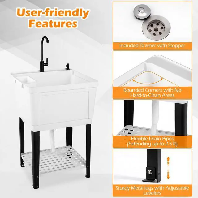 Alt view image 6 of 6 - Freestanding Utility Sink with Faucet & Drain Kit, 23.2 Gal Laundry Tub with Soap Dispenser, Drying Rack & Storage Shelf, Portable Wash Station for Laundry Room, Garage, Basement, Outdoor