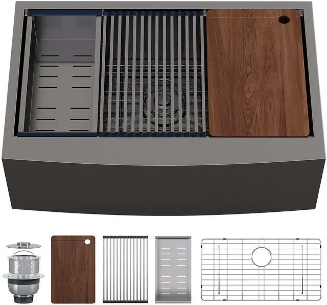 Main image of 33" x 22" Farmhouse Sink Workstation, 16 Gauge Stainless Steel Apron Front Kitchen Sink, Single Bowl Farm Sink with Cutting Board, Roll-Up Rack, Drying Rack and Drain Assembly