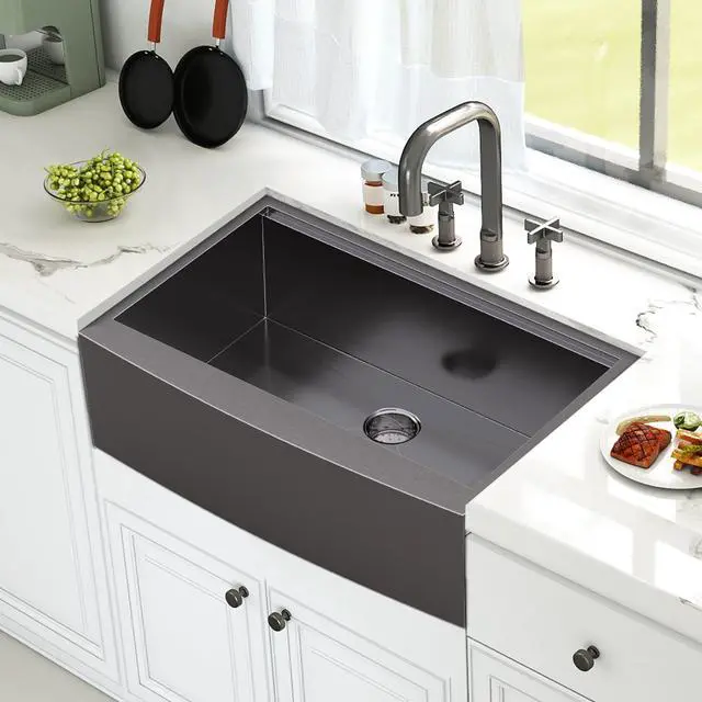 Alt view image 2 of 6 - 33" x 22" Farmhouse Sink Workstation, 16 Gauge Stainless Steel Apron Front Kitchen Sink, Single Bowl Farm Sink with Cutting Board, Roll-Up Rack, Drying Rack and Drain Assembly