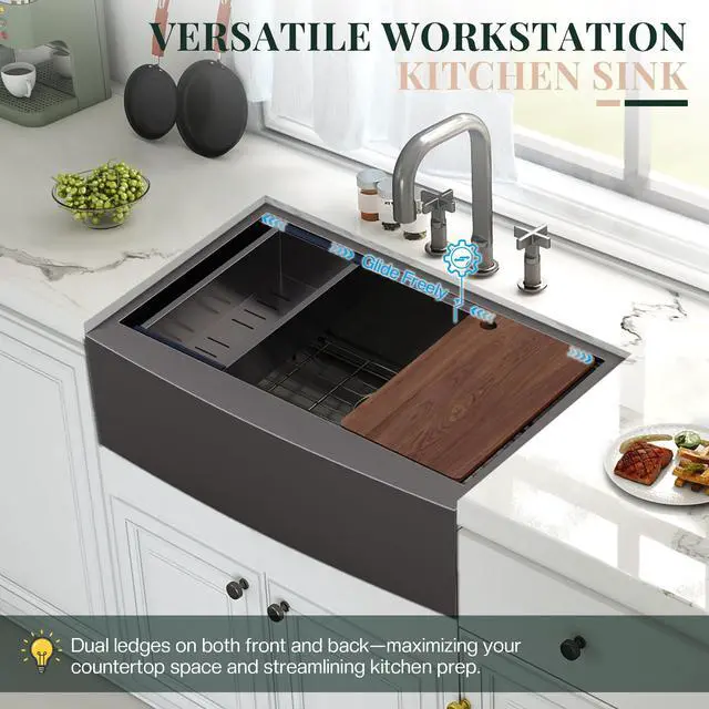 Alt view image 5 of 6 - 33" x 22" Farmhouse Sink Workstation, 16 Gauge Stainless Steel Apron Front Kitchen Sink, Single Bowl Farm Sink with Cutting Board, Roll-Up Rack, Drying Rack and Drain Assembly