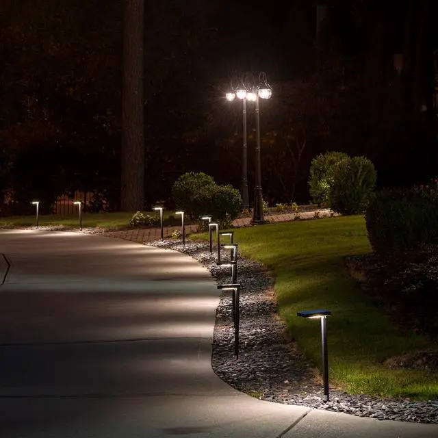 Alt view image 2 of 6 - Contemporary Black Square Solar Garden Light, Heavy Duty Cast Aluminum 80 Lumen with Bright White and Warm White LED Options, 26.75 in Tall for Sidewalk, Pathway, 4-Pack 117iP490080