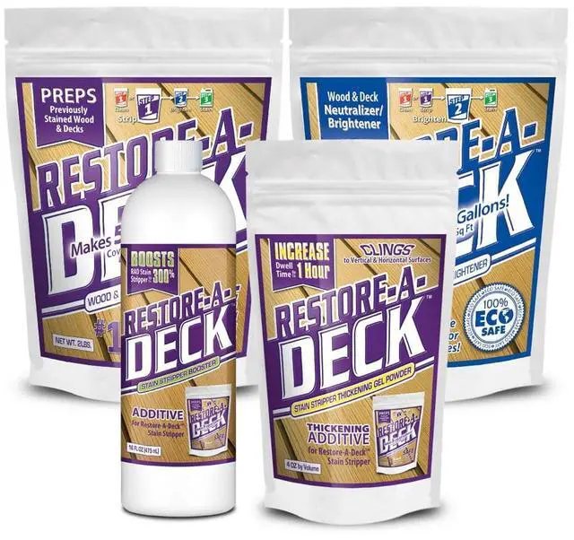 Main image of Restore-A-Deck Stain Stripper, Wood Brightener, Booster, Thickening Gel Combo Pac Removes Failed Stains & Weathered Wood Coatings from Decks, Fences & Exterior Wood Deck Restoration Prep