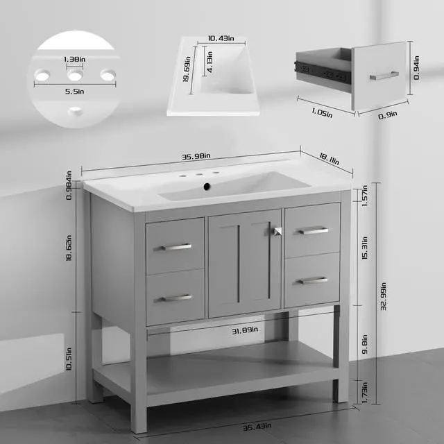 Alt view image 2 of 6 - 36" Bathroom Vanity with Single Sink, Solid Wood Frame Modern Bathroom Storage Cabinet with 2 Power Outlets, 1 USB / 1 Tybe C Port, Farmhouse Bath Vanity Cabinet with 4 Drawers & Open Shelf,Gray