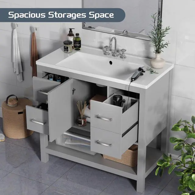 Alt view image 3 of 6 - 36" Bathroom Vanity with Single Sink, Solid Wood Frame Modern Bathroom Storage Cabinet with 2 Power Outlets, 1 USB / 1 Tybe C Port, Farmhouse Bath Vanity Cabinet with 4 Drawers & Open Shelf,Gray