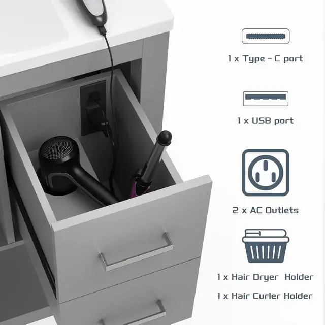 Alt view image 4 of 6 - 36" Bathroom Vanity with Single Sink, Solid Wood Frame Modern Bathroom Storage Cabinet with 2 Power Outlets, 1 USB / 1 Tybe C Port, Farmhouse Bath Vanity Cabinet with 4 Drawers & Open Shelf,Gray