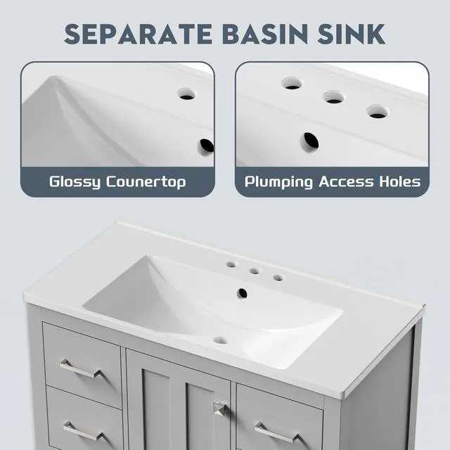 Alt view image 6 of 6 - 36" Bathroom Vanity with Single Sink, Solid Wood Frame Modern Bathroom Storage Cabinet with 2 Power Outlets, 1 USB / 1 Tybe C Port, Farmhouse Bath Vanity Cabinet with 4 Drawers & Open Shelf,Gray
